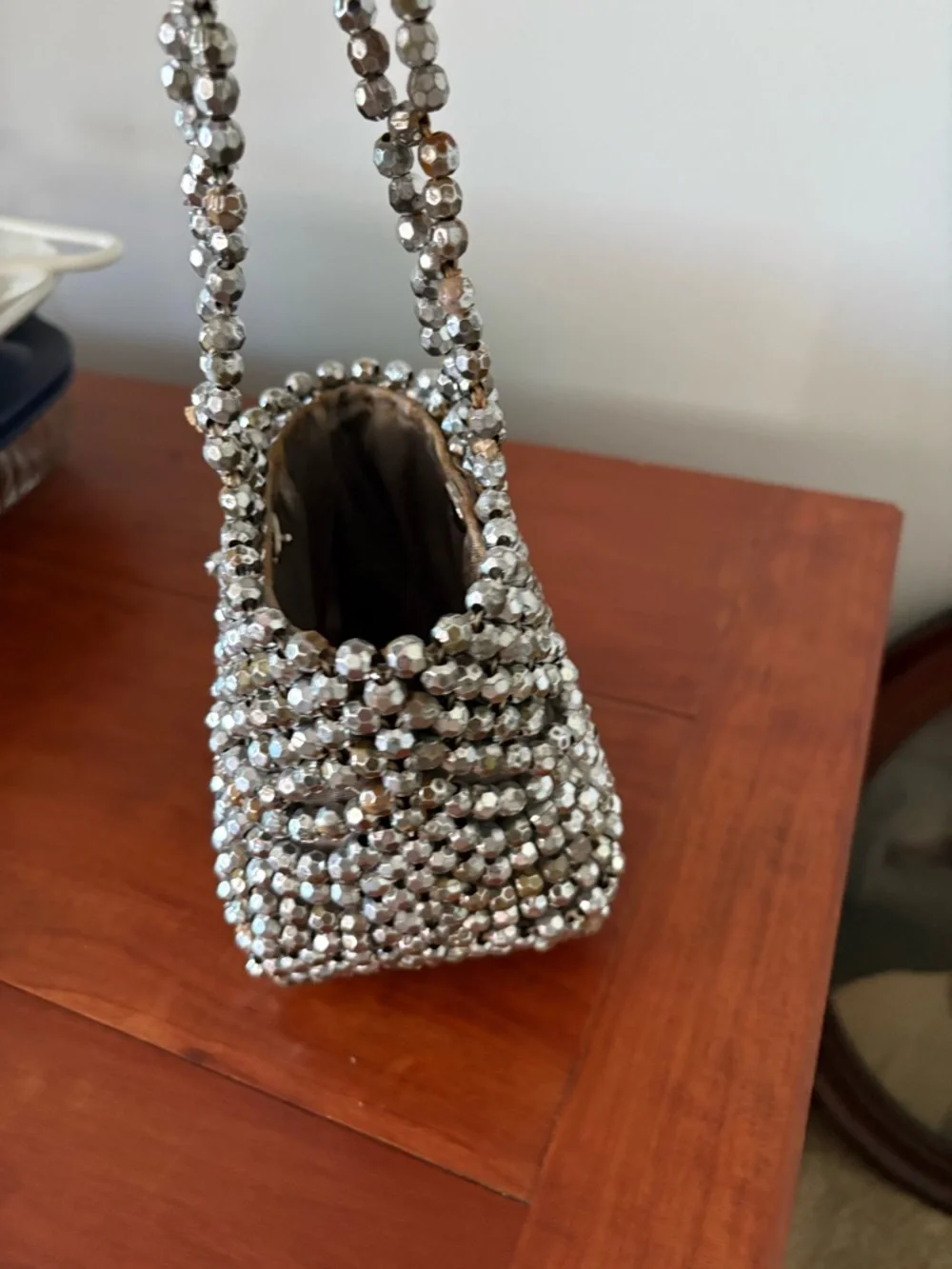 Y2K Silver Beaded Mini Bag Italy Metallic Evening Purse Vintage Glam - Picture 7 of 10